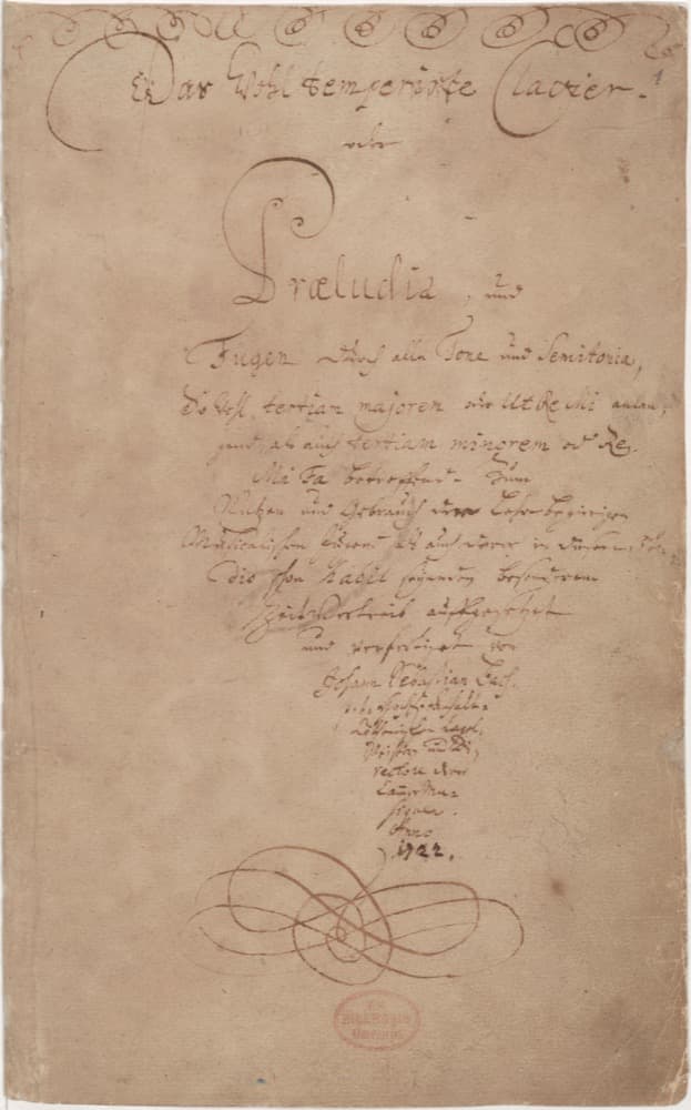 La portada del manuscrito original de "El clave bien temperado", escrita y firmada de puño y letra por Bach en 1722.